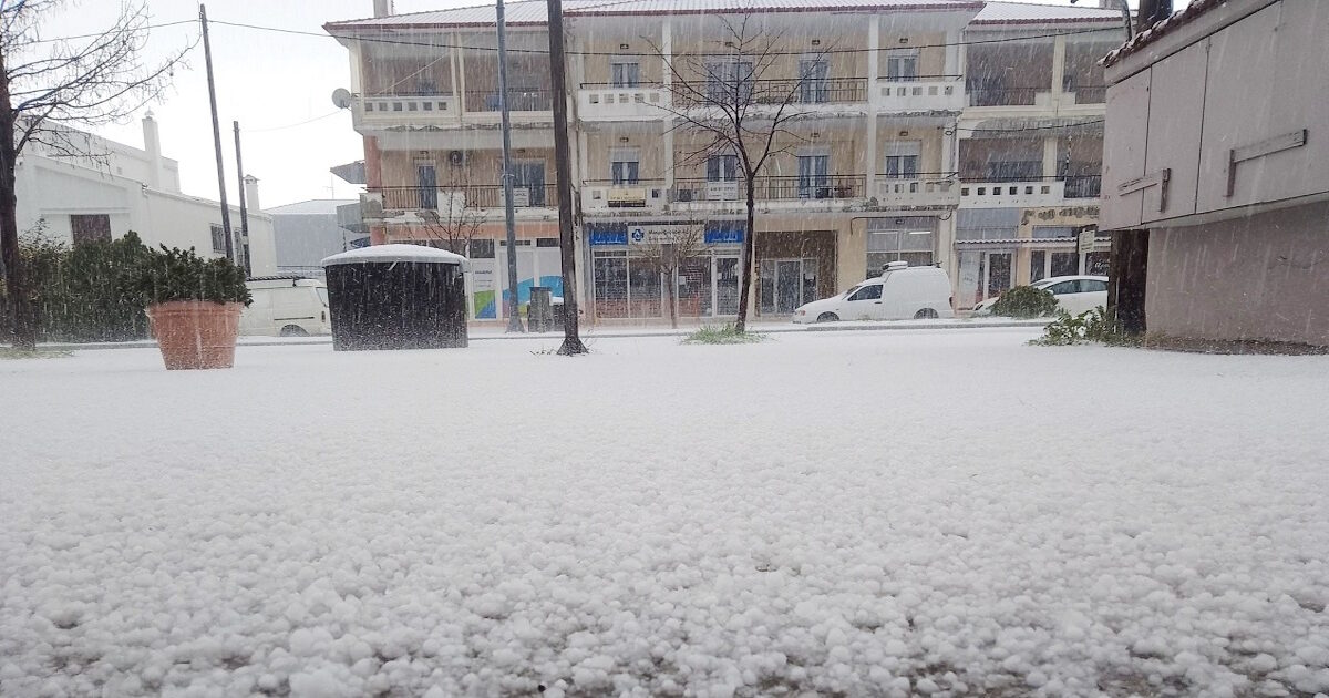 Κακοκαιρία Erminio: Ο Πολύγυρος Χαλκιδικής ντύθηκε στα λευκά από χοντρό χαλάζι